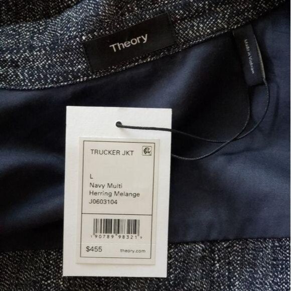 Theory Trucker Jacket Herring Melange Front Buttons Navy Blue Size Large Women's - Picture 11 of 12